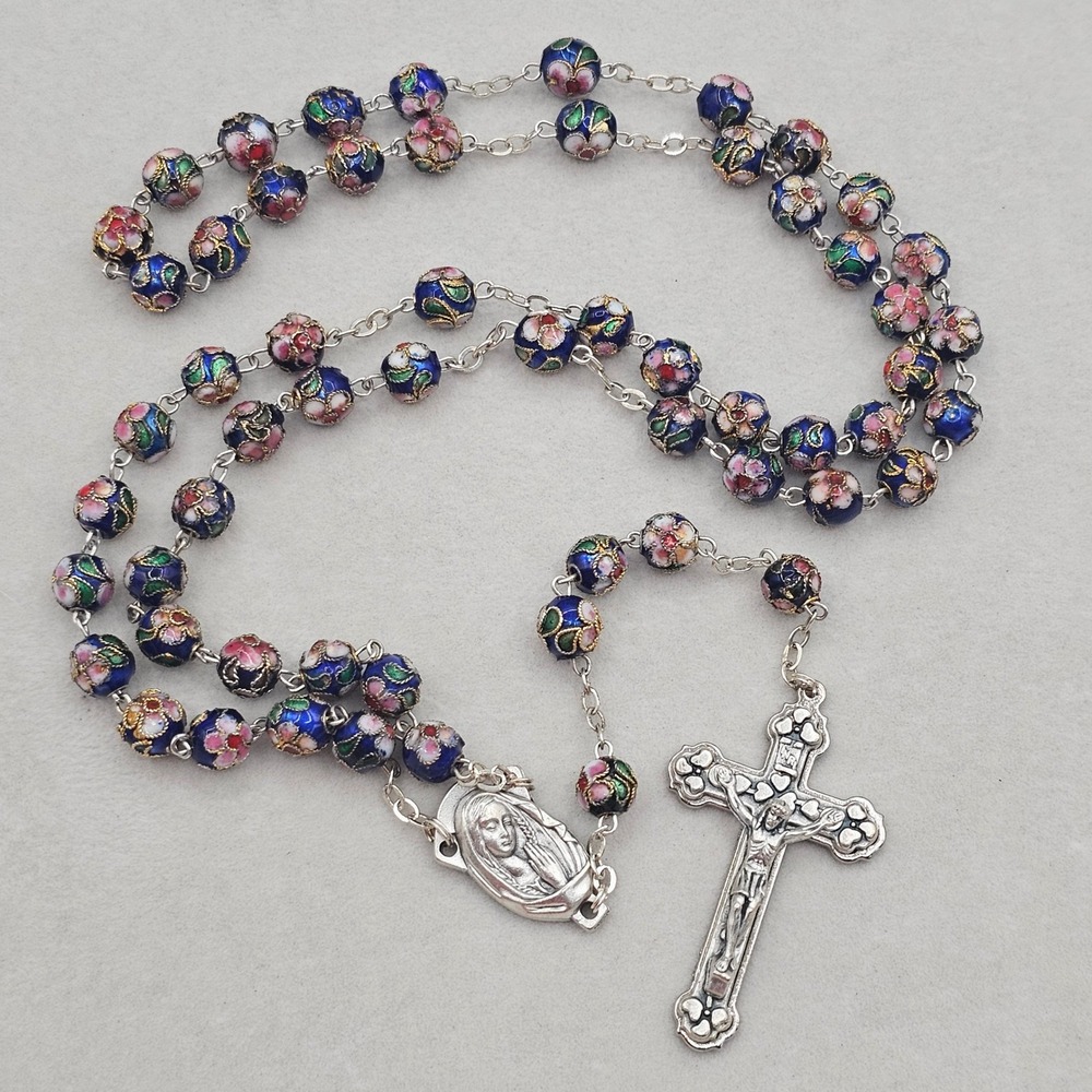 Cloisonné Floral Bead Rosary Italy Crucifix Catholic Prayer Beads Multicolor